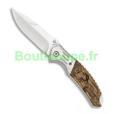 Couteau pliant chasse Albainox lame 8.5 cm bois zébra décor perdrix